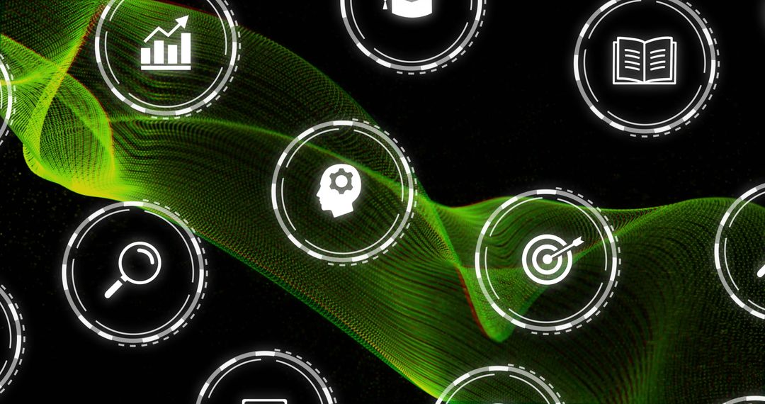 Digital Network of Neon Connections with Hovering Icons