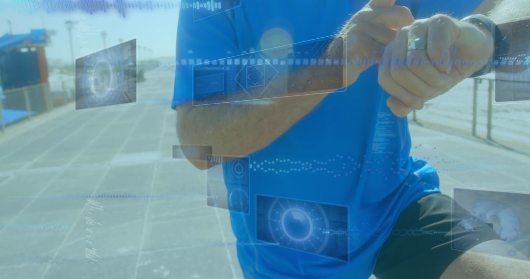 Sportsman Checking Smartwatch with Digital Data Overlay