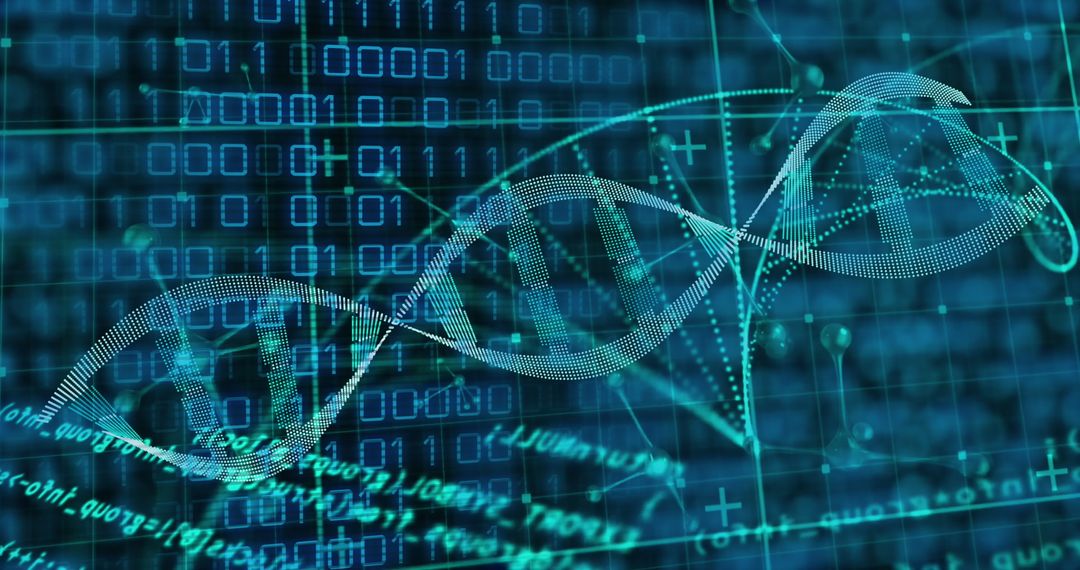 Futuristic Digital DNA Strand Over Binary Code Background