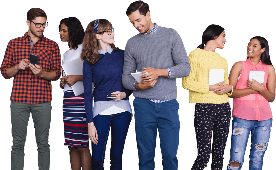 Transparent Diverse Group Discussing Technology Devices