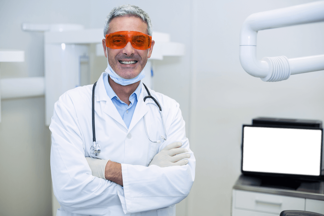 Transparent Confident Dentist Posing in Modern Clinic