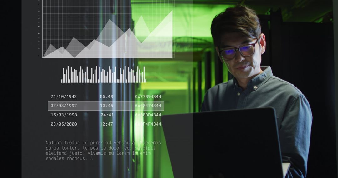 Asian IT Specialist Working in Modern Server Room with Data Visualizations