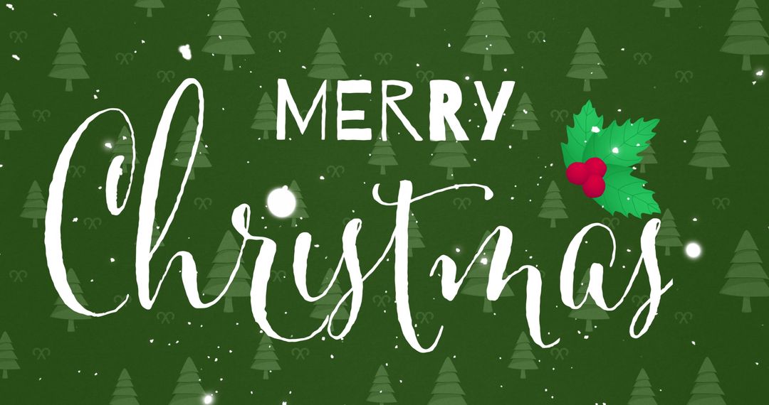 Merry Christmas Text with Snow and Green Tree Background
