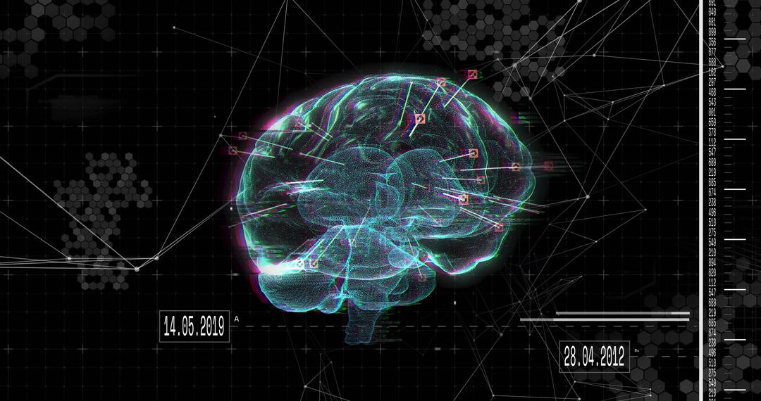 Futuristic Neon Brain Wireframe with Data Nodes and Analytics