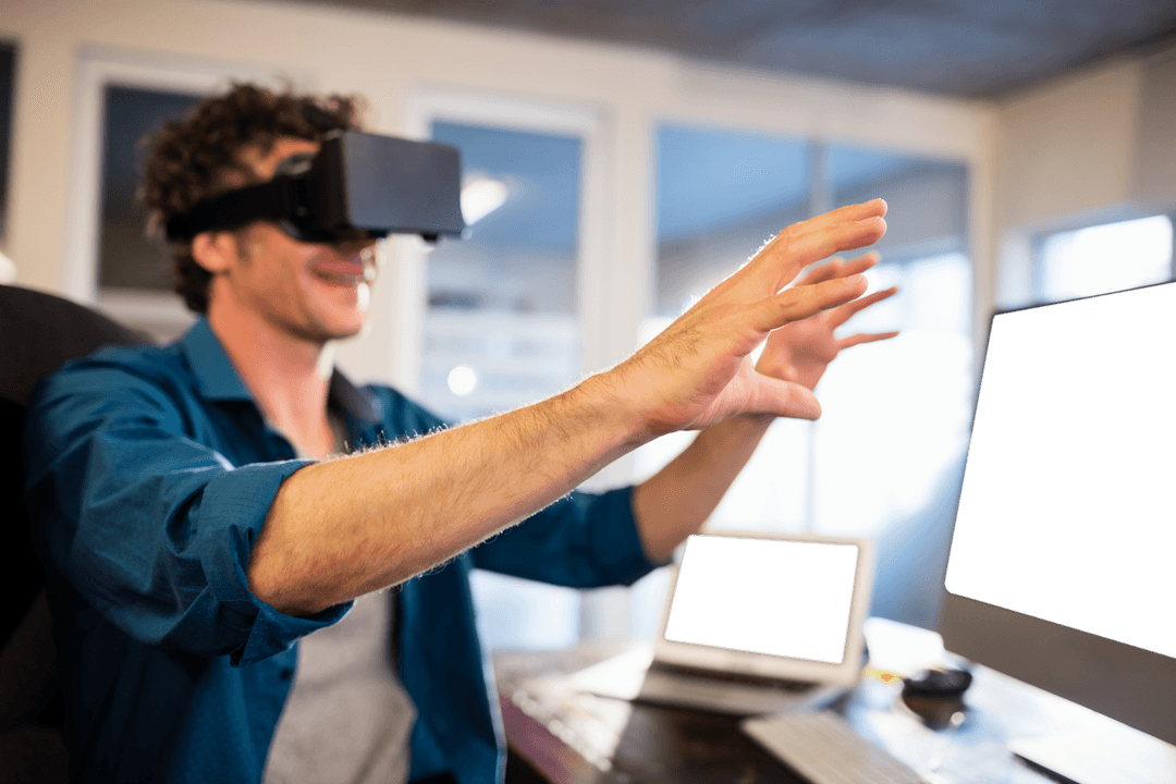Smiling Businessman Engaging with Transparent Virtual Reality Technology