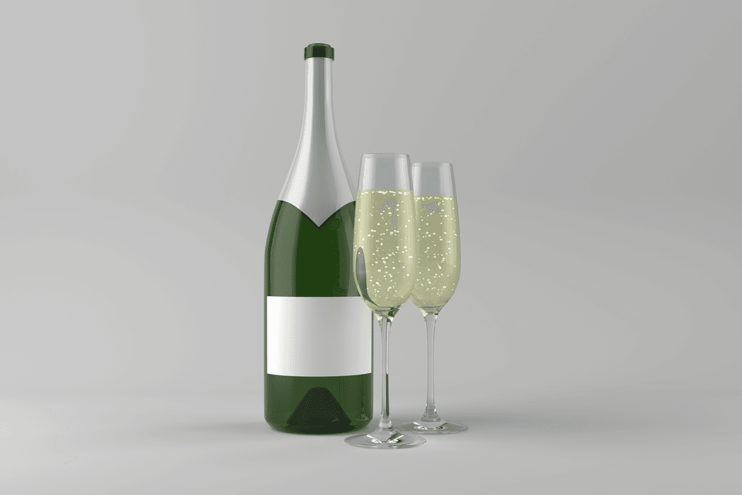 Transparent Champagne Bottle with Glasses on Blank Background