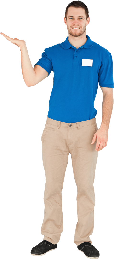 Smiling Young Salesman Presenting Product on Transparent Background