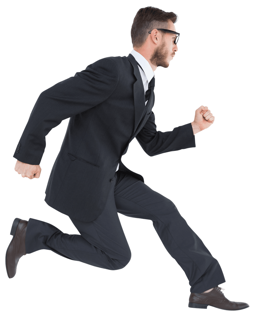 Transparent Businessman Wearing Black Suit Running Mid Air