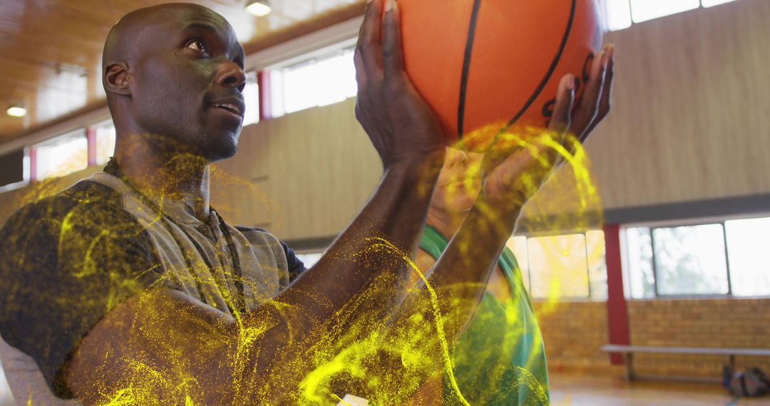 Athlete Preparing Basketball Shot with Energy Visual Effect