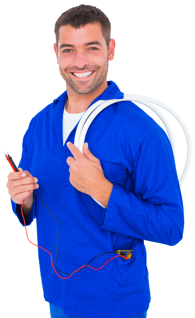 Smiling Electrician Holding Cable and Multimeter Transparent Background