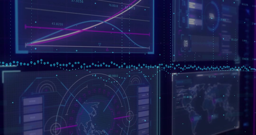 Holographic Analytics Dashboard Showing Neon Multiscreen UI with Line Charts, Radar, World Map