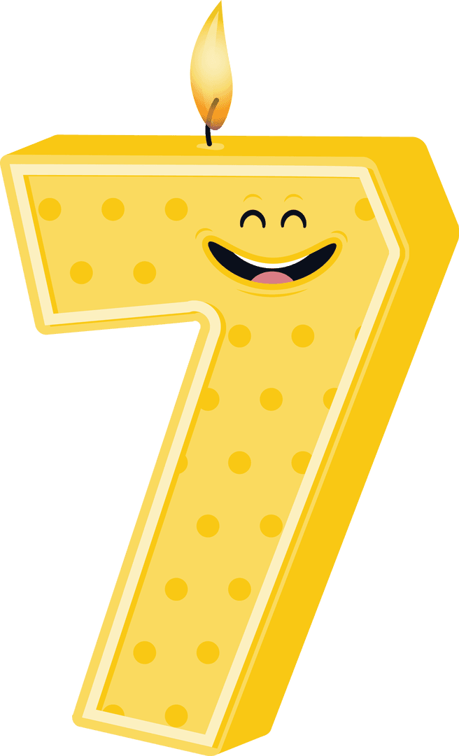 Smiley Yellow Number 7 Candle with Flame on Transparent Background