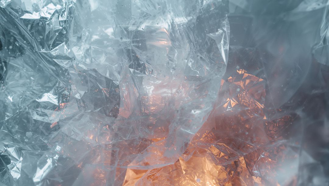 Catching Light in Crumpled Cellophane with Cyan Glints and Amber Backlight