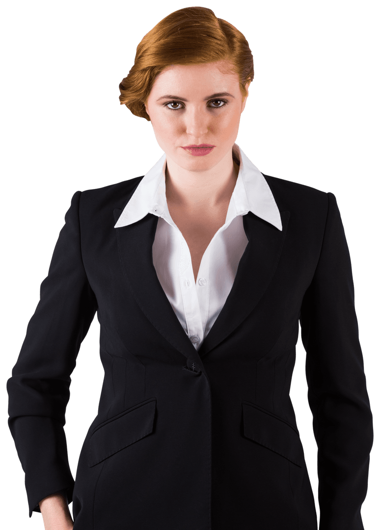 Confident Redhead Businesswoman in Black Suit Transparent Background