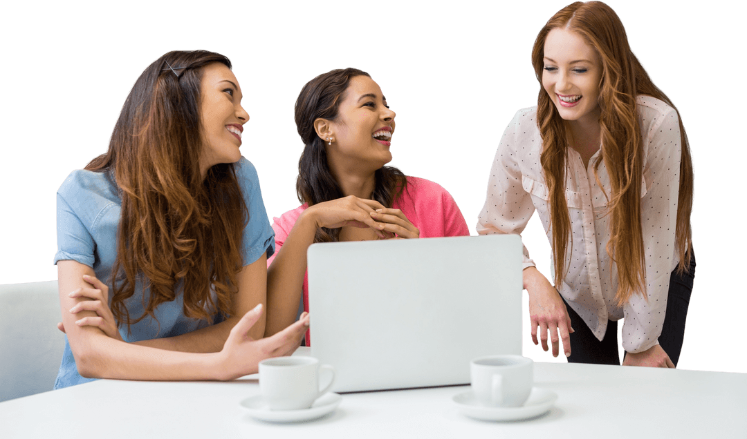 Transparent Background of Happy Colleagues Discussing Work Around Laptop