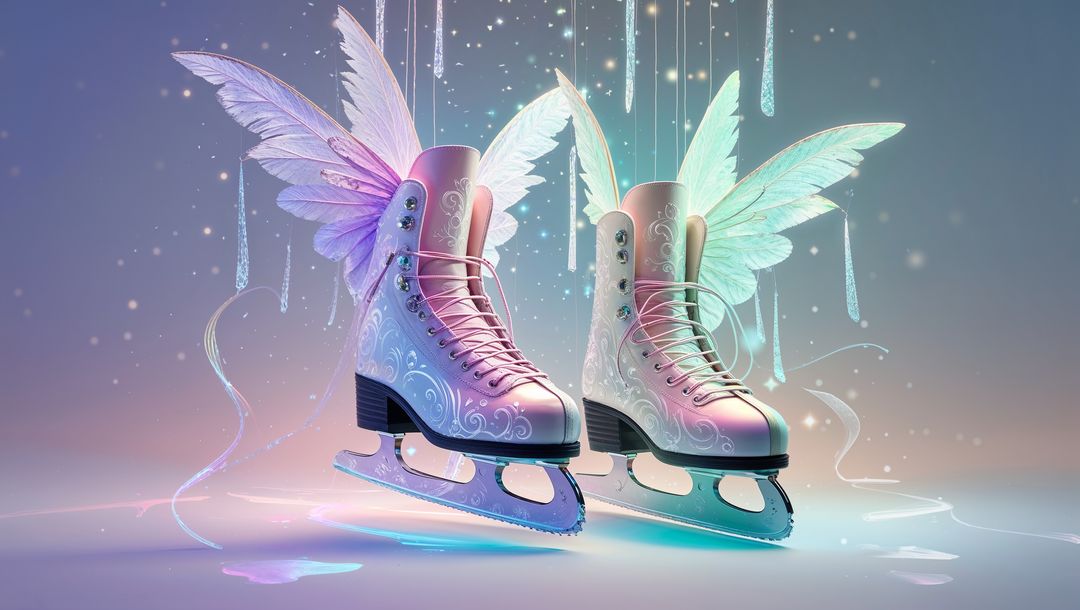 Enchanted winged ice skates in pastel ice skating surrealism
