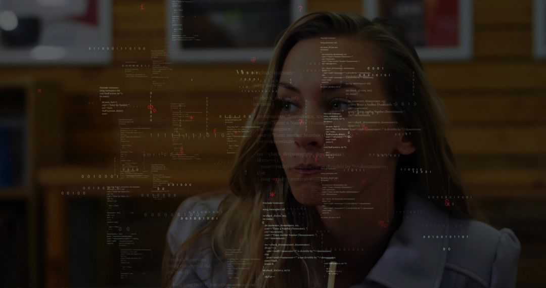 Woman Analyzing Code Overlay in Professional Office Setting