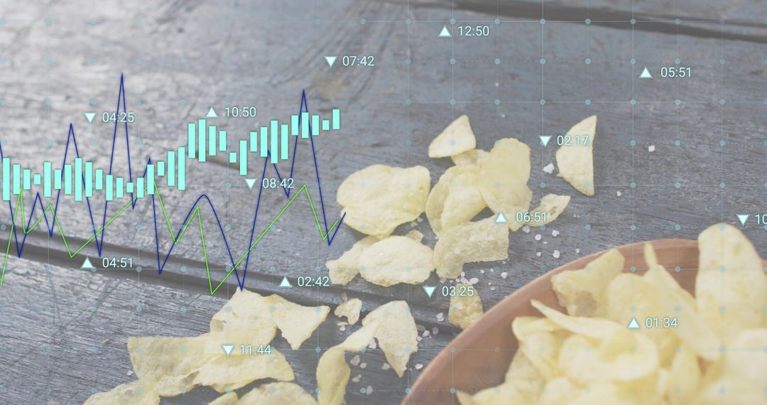 Snack data visualization overlay on rustic wooden table with potato chips and ceramic bowl