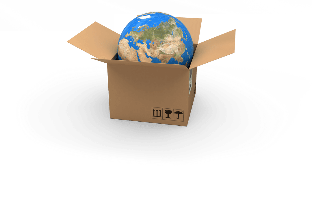 Transparent 3D Globe in Cardboard Box Shipping Concept