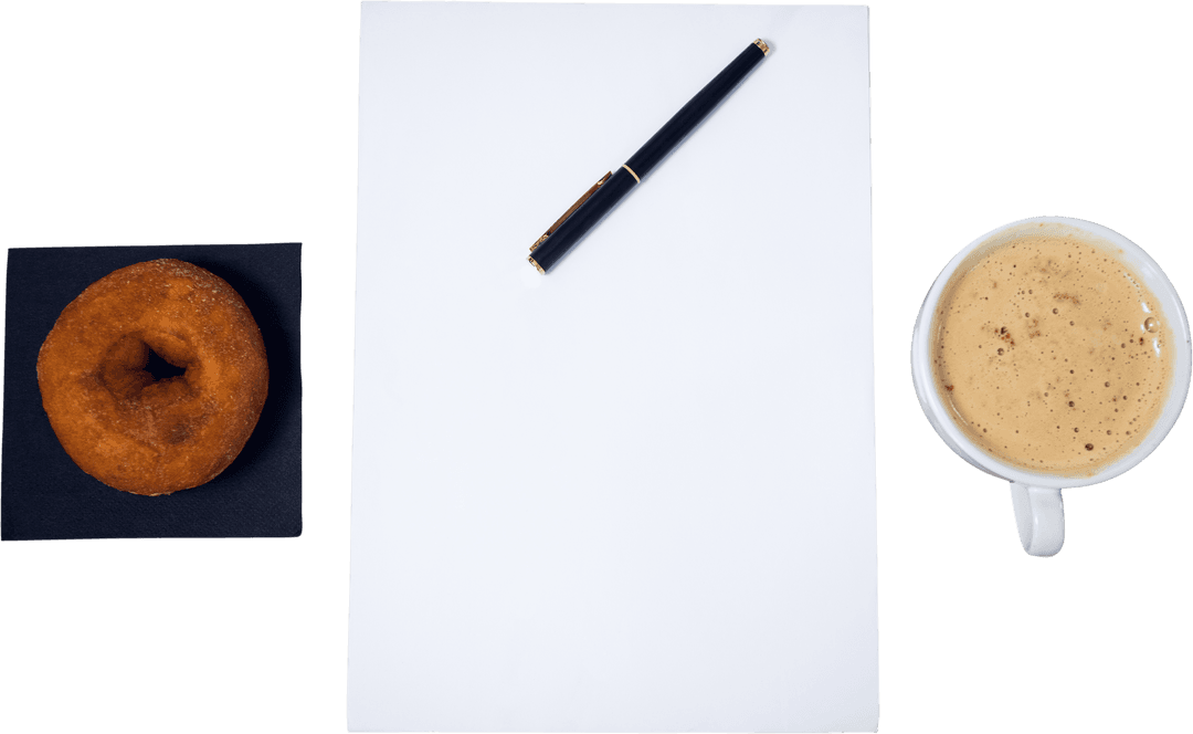 Transparent Background with Paper, Pen, Donut, and Coffee Setup