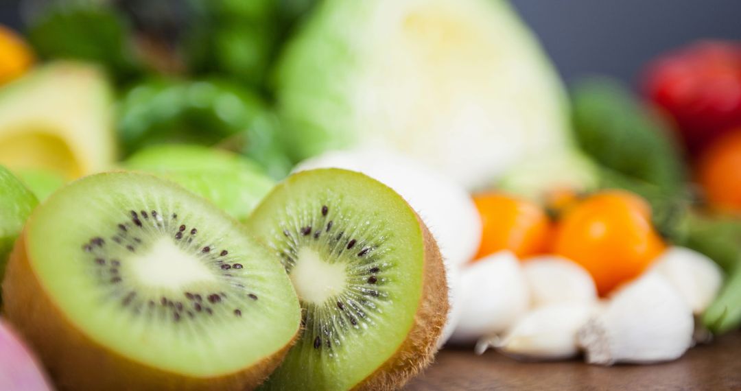 Fresh Kiwi and Assorted Colorful Vegetables Display