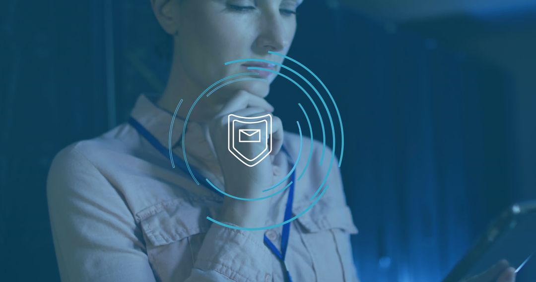 IT Technician Analyzing Cybersecurity Data with Shield Icon Overlay