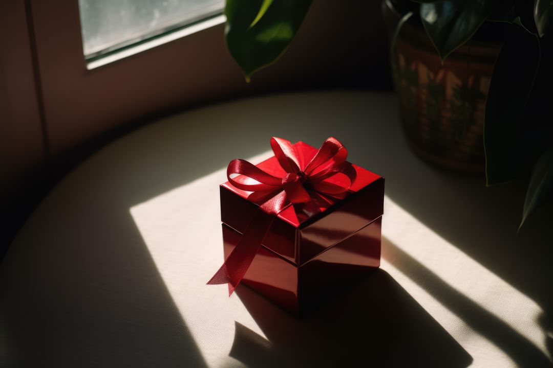 Close up of red gift with ribbon on windowsill, created using generative ai technology - Free Images, Stock Photos and Pictures on Pikwizard.com