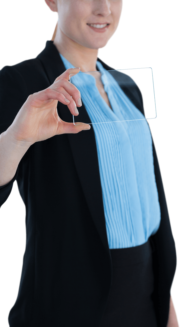 Smiling Businesswoman Demonstrating Transparent Glass Interface