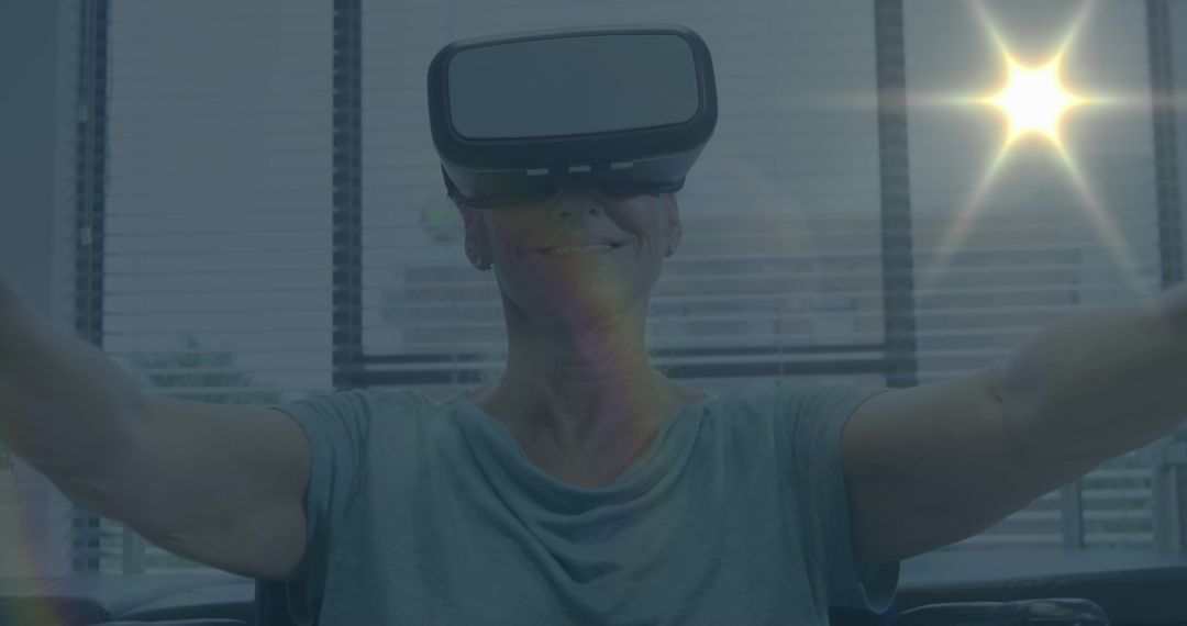 Joyful Woman Exploring Virtual Reality with Headset and Lens Flares