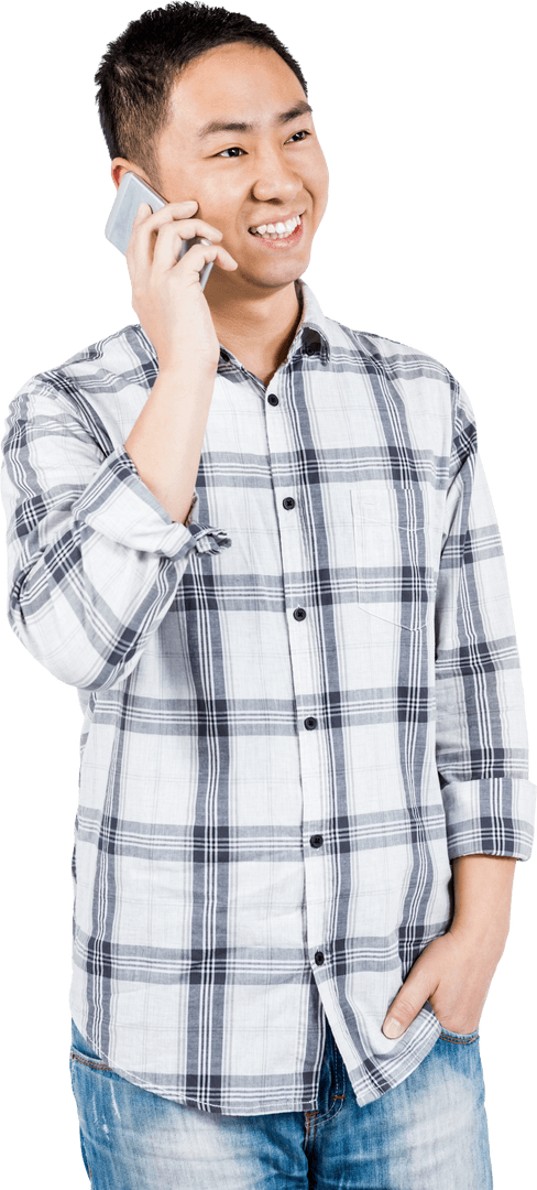 Transparent Background Smiling Asian Man Using Smartphone