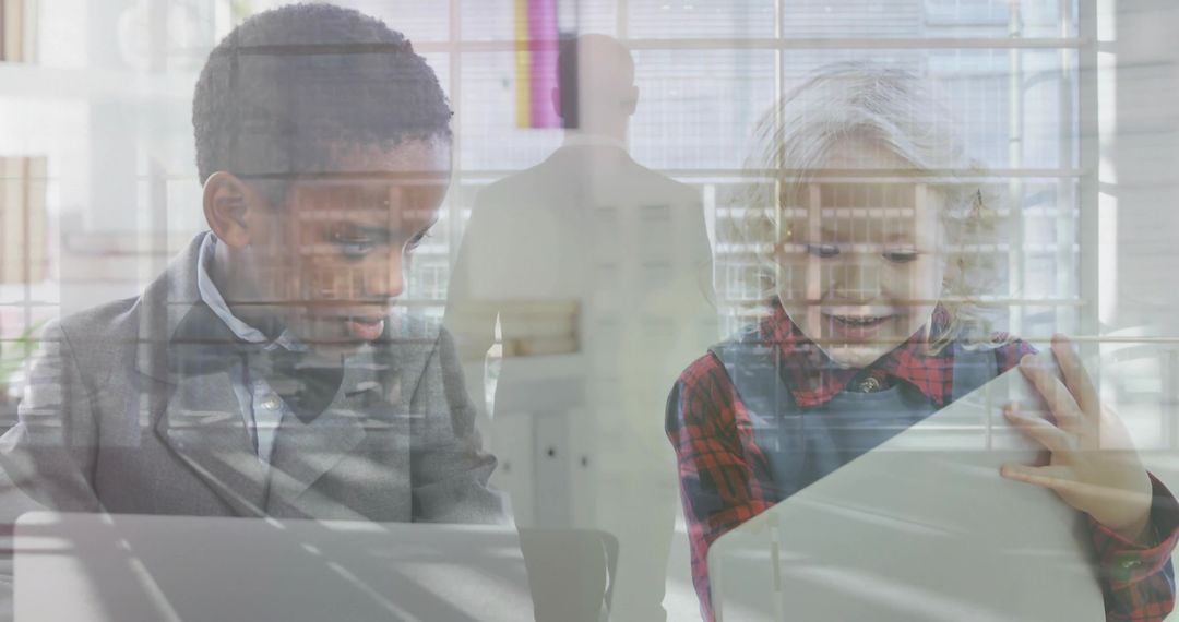 Children collaborating using laptop and tablet in modern classroom with city reflections