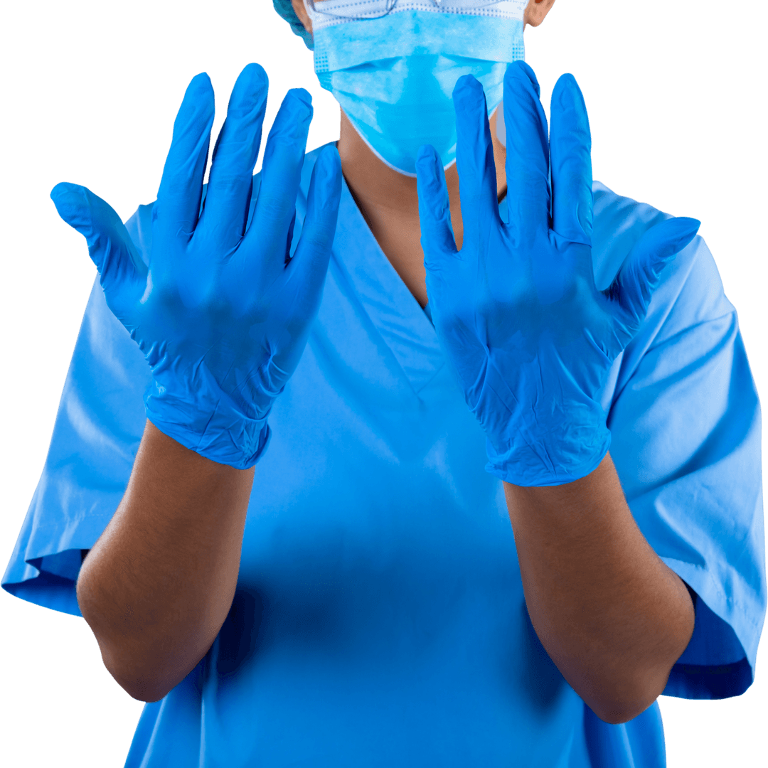 Female Health Worker Preparing in Transparent Blue Scrubs and Gloves