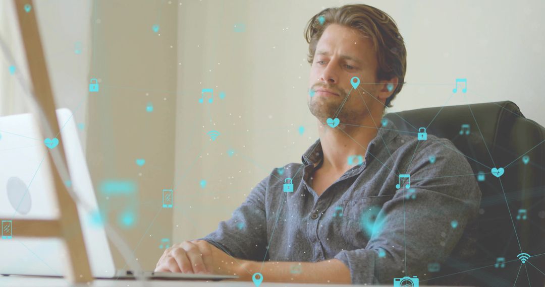 Man Working on Laptop with Digital Connectivity Icons