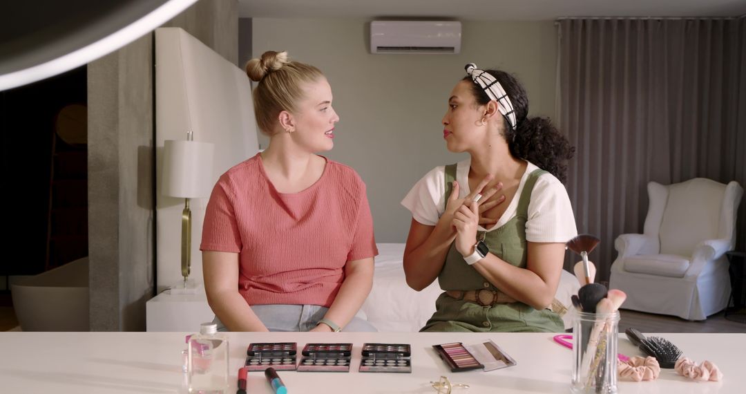 Diverse Friends Filming Makeup Tutorial in Home Studio