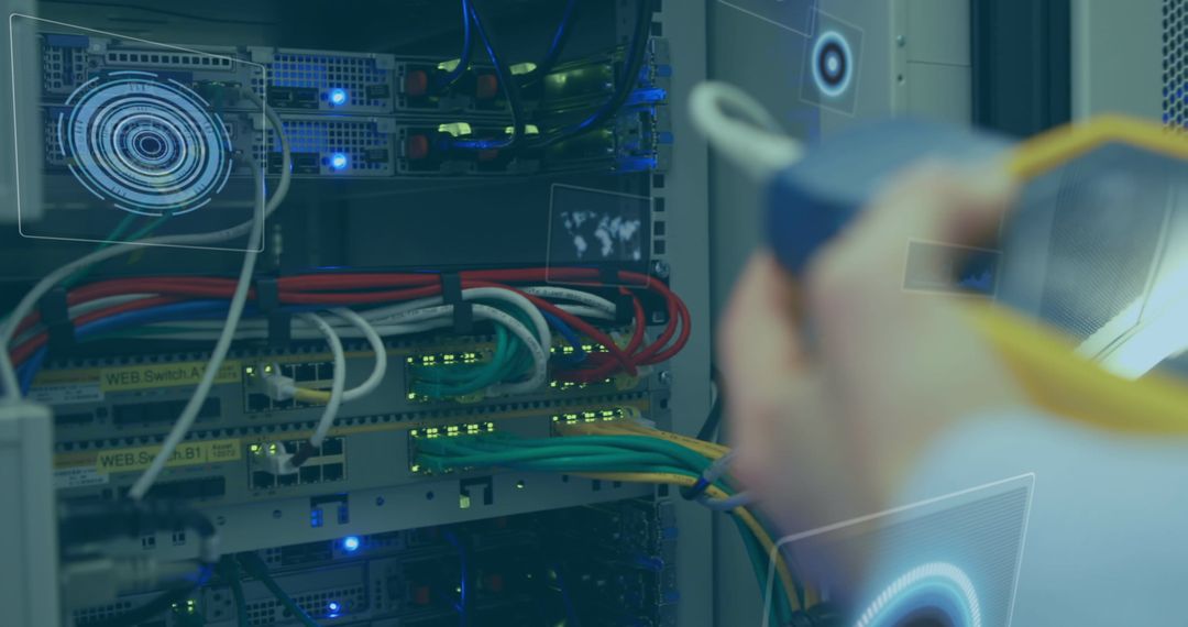 Technician Analyzing High-Tech Server Room with Virtual Security Interface