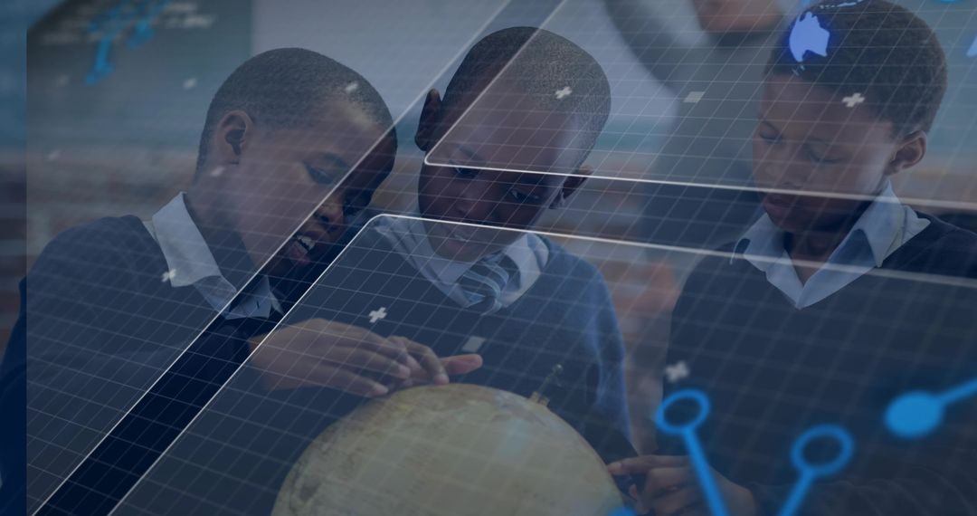 Students Exploring Globe with Futuristic Holographic Grid Overlay in Classroom