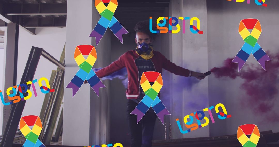 Activist Supporting LGBTQ Rights with Vibrant Smoke and Colorful Ribbons
