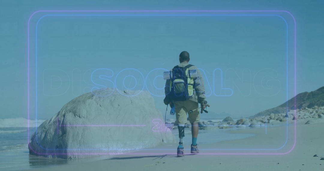 Exploring sandy beach with prosthetic leg and adventure gear