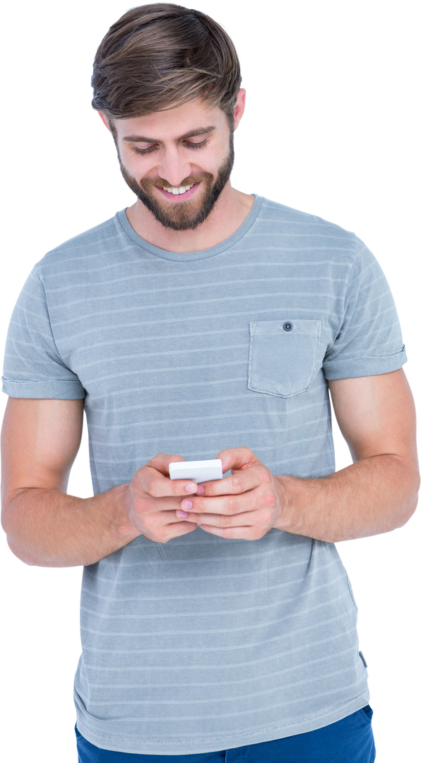 Smiling Bearded Young Man Using Phone on Transparent Background - Download Free Stock Images Pikwizard.com