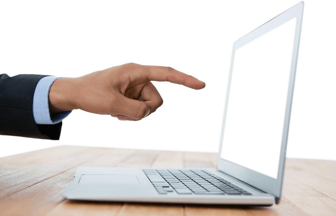 Transparent Hand Pointing at Blank Laptop Screen on Wooden Desk