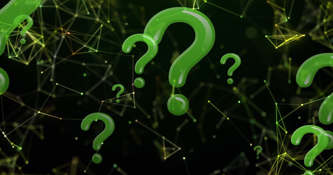 Green Question Marks Floating in Digital Network