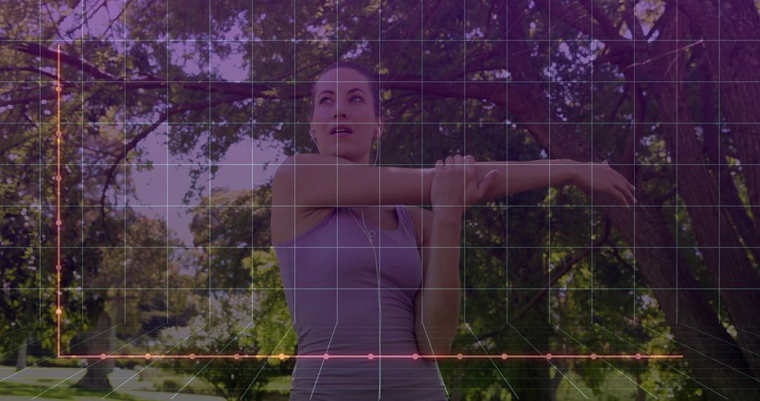 Woman Stretching in Park with Wearable Fitness Data Overlay and Line Graph