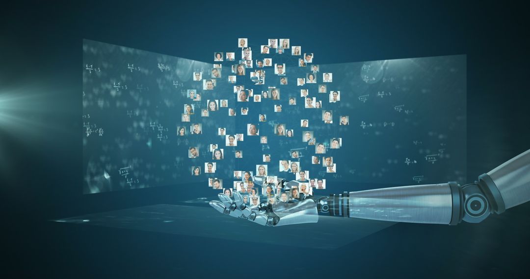 Robotic Arm Displaying Business Icons in Digital Interface