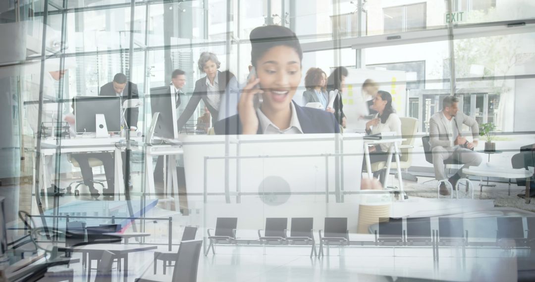 Double Exposure of Corporate Office and Business Woman on Phone - Free Images, Stock Photos and Pictures on Pikwizard.com