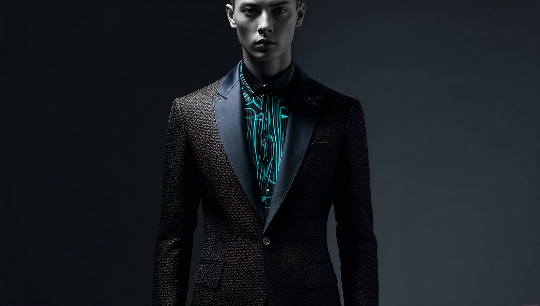 Posing Male Model Wearing Textured Single-Button Suit Jacket with Satin Lapel and Teal Shirt
