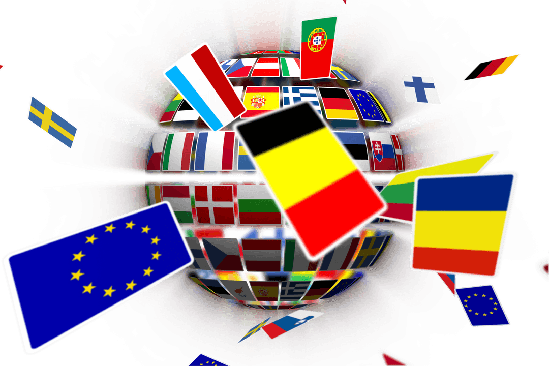 Digital Flags Spiral Around Globe on Transparent Background