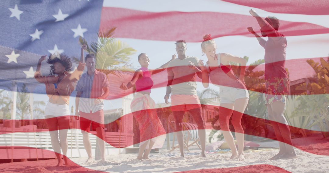 Group of Friends Celebrating Independence Day on Beach with US Flag Overlay - Free Images, Stock Photos and Pictures on Pikwizard.com