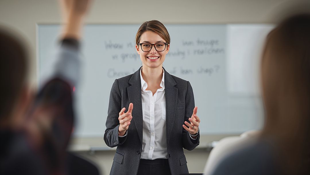 Smiling Female Instructor Presenting Classroom Lesson