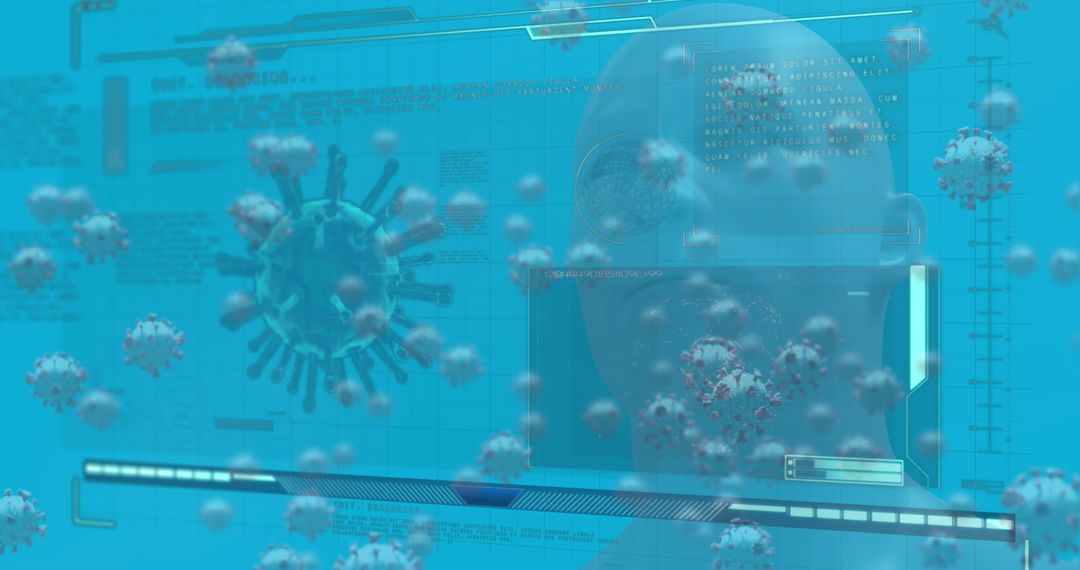 Futuristic Digital Display with Virus Cell and Masked Figure