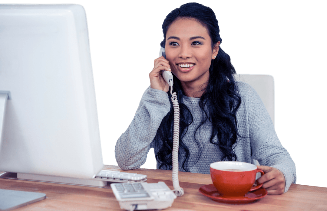 Smiling Woman on Phone with Mug, Isolated Transparent Office Background